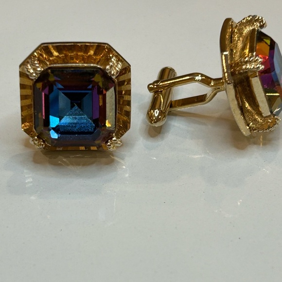 Art Deco faceted watermelon Rivoli gold tone cuff links old money elegant classy - Picture 4 of 4